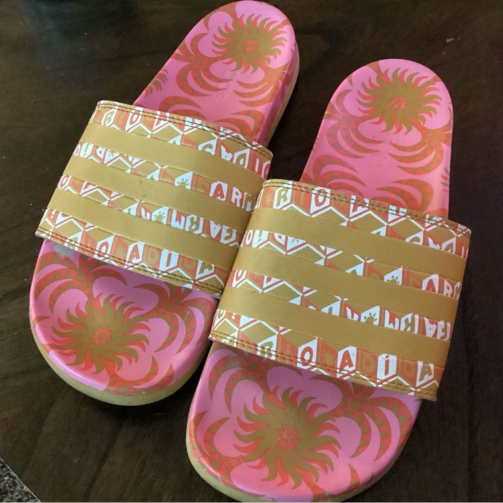 FARM Rio + Adidas Collab Slide Sandals Pink Abstract Floral Ladies Size 10